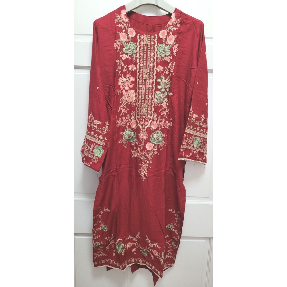 Tehzeeb Libas Arohaa 3pc Embroidered Long Kurta Set w/ Dupatta - Red - M‎